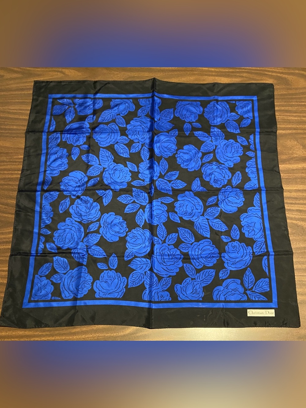 Vintage Dior Cobalt Blue & Black Floral Scarf